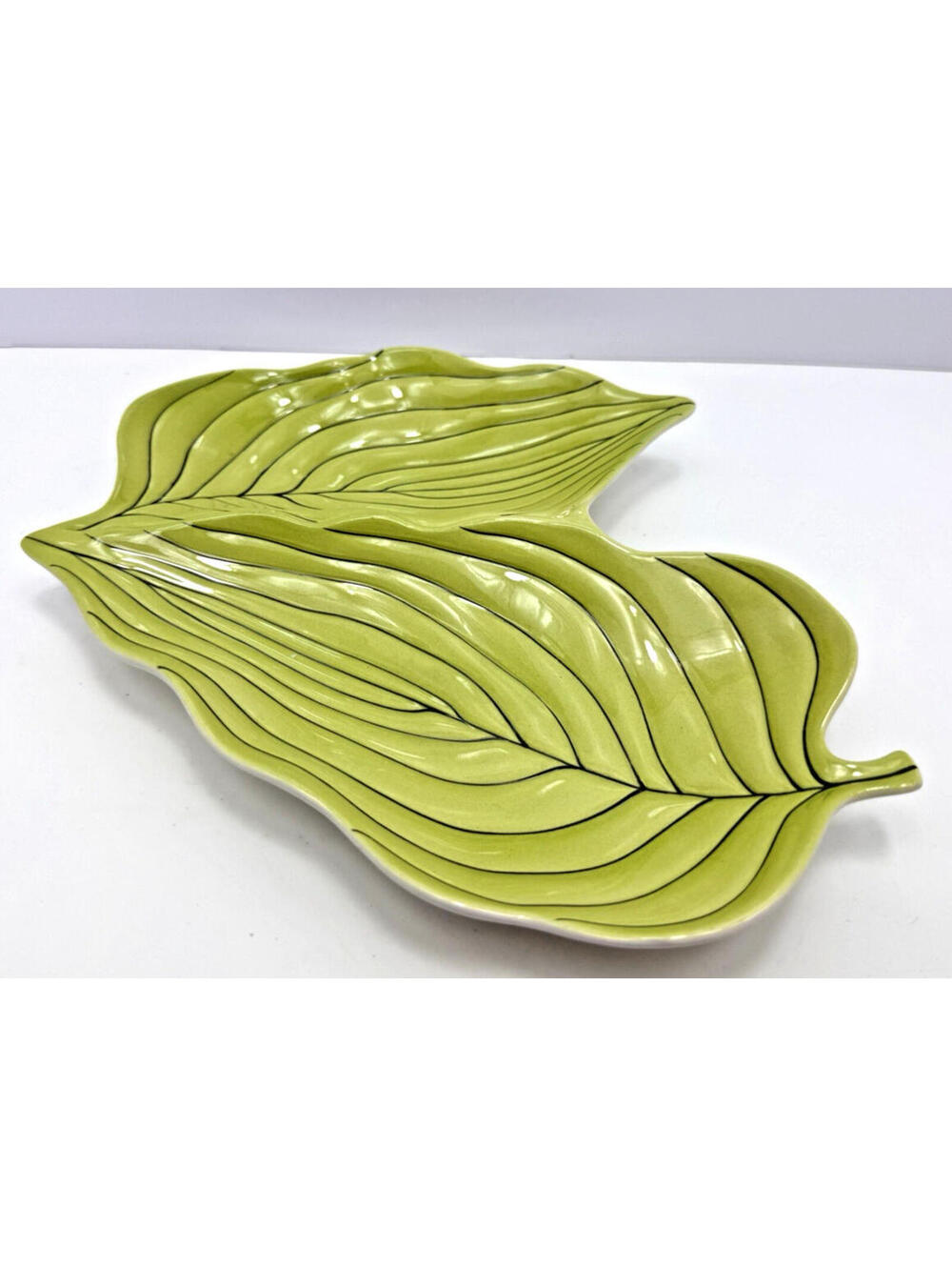 Vtg Carlton Ware Double Leaf Tray Dish Plate Lime Green Dark Pinstripe Summer